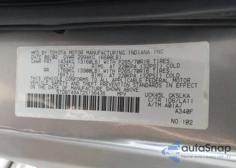 2002 Toyota Sequoia Limited V8 z USA, uszkodzony, nr VIN 5TDBT48A72S136436